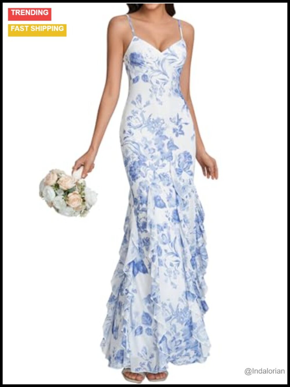 Floral Ruffle Bodycon Maxi Dress V Neck Spaghetti Strap Formal Wedding Guest